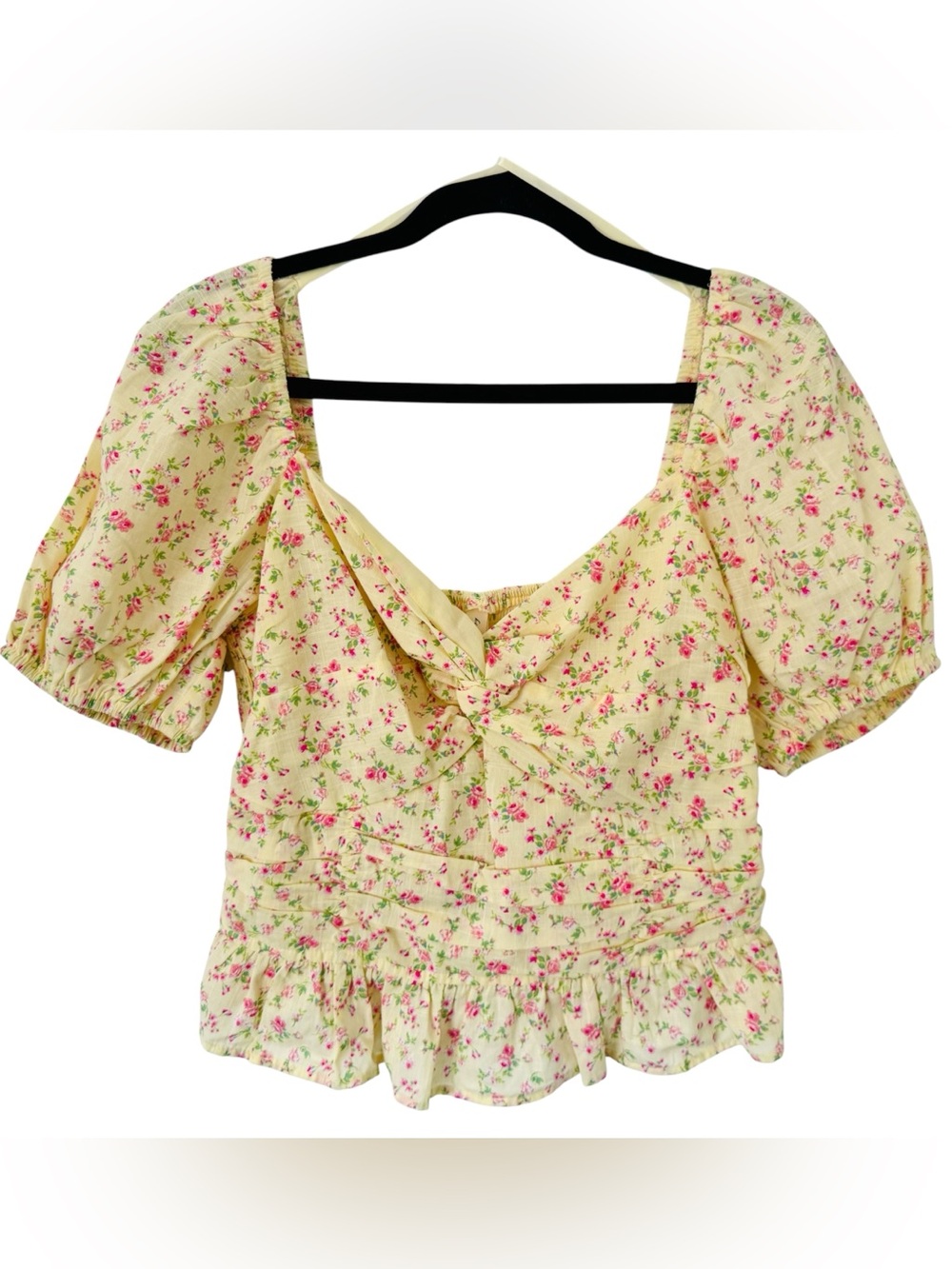 💃 Kingston Grey Yellow Floral Puff Sleeve Top, Size XL - NWT